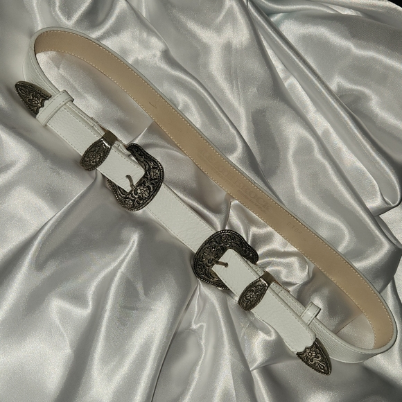 Leatherock Accessories - Leatherock Double Buckle Belt | White/Silver Hardware | Real Leather | Sz Medium